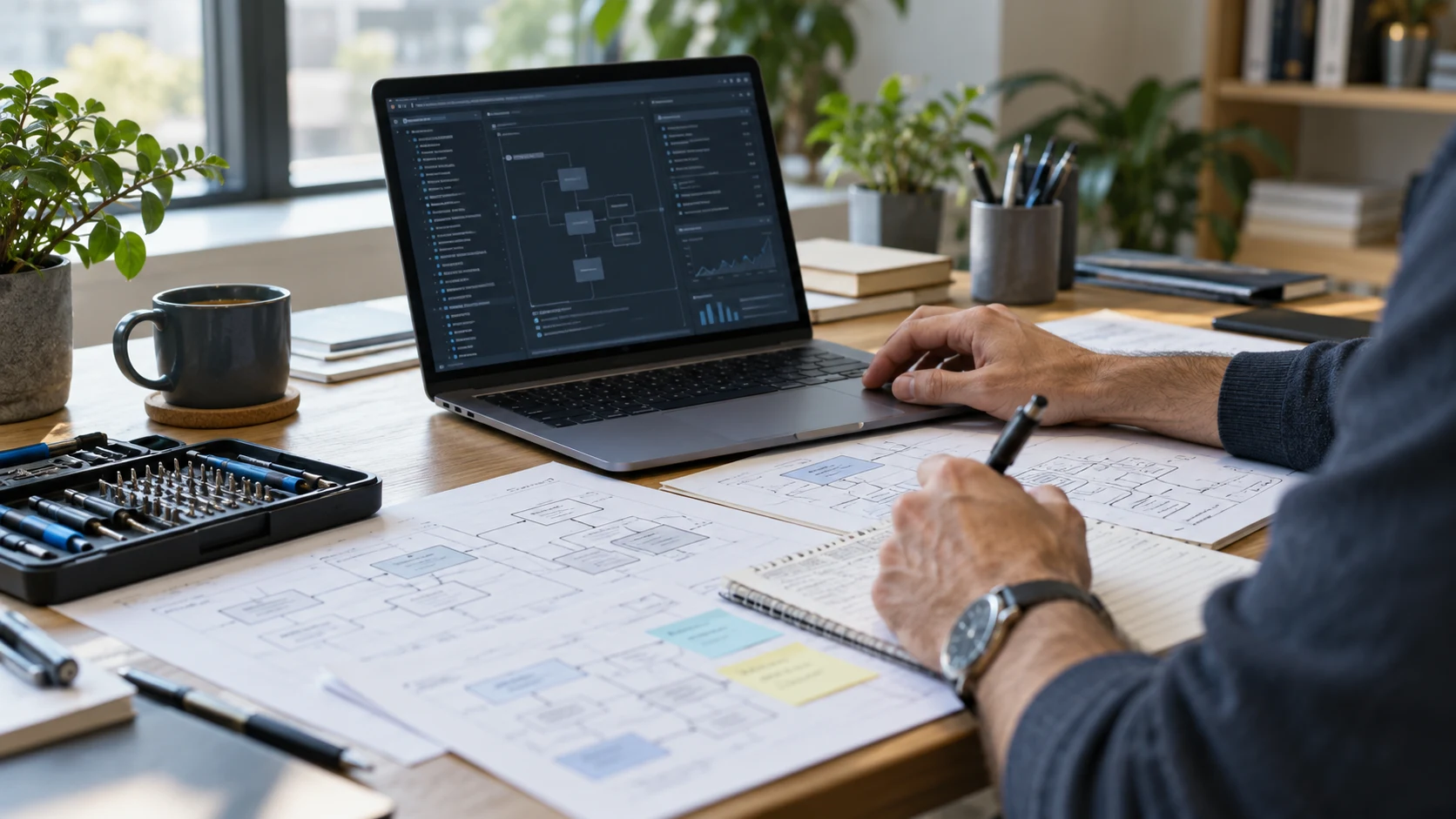 A developer assessing an existing application with system diagrams and diagnostic tools