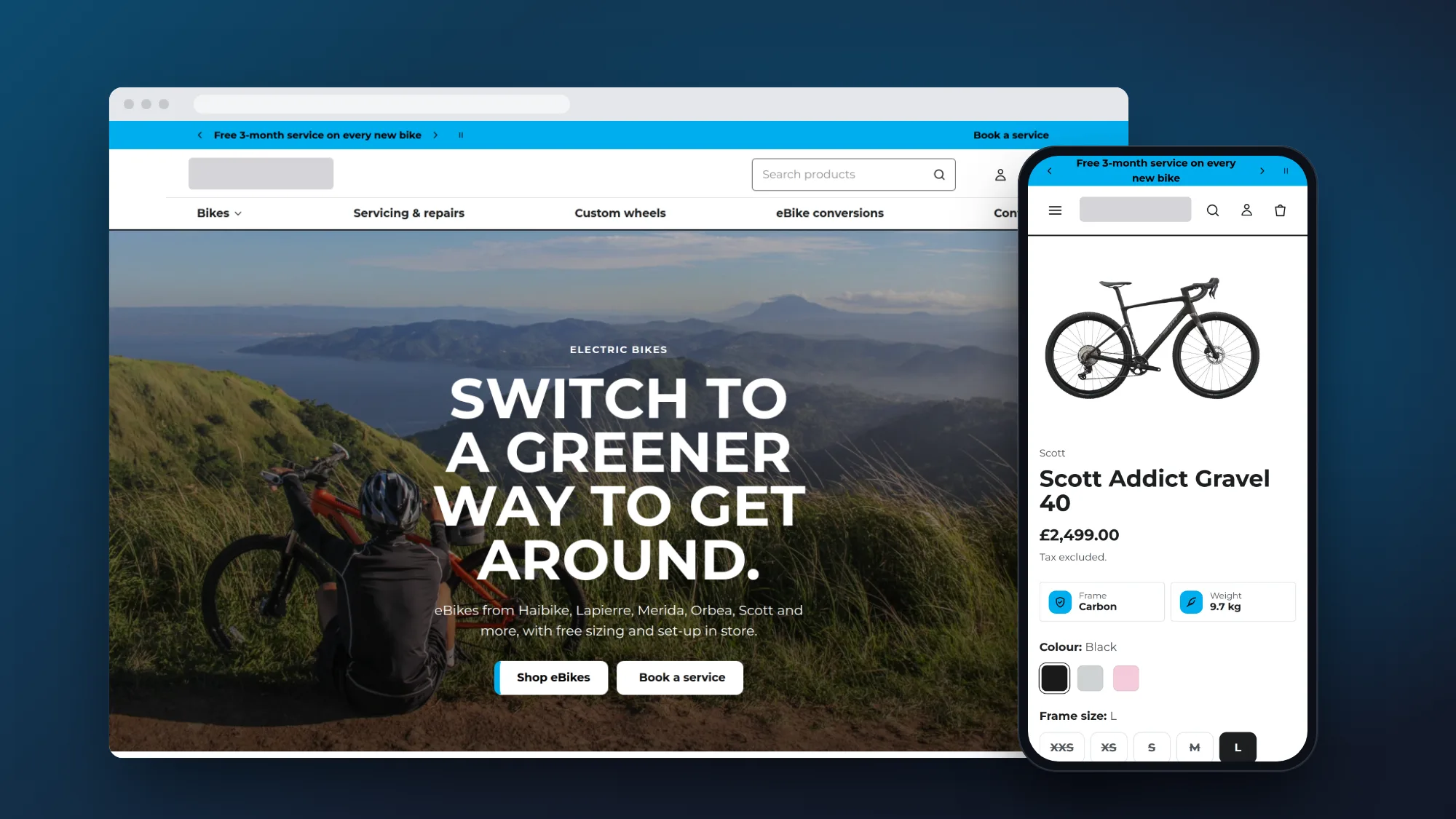 A Shopify store we built for a bike retailer, shown on a desktop browser and a mobile phone