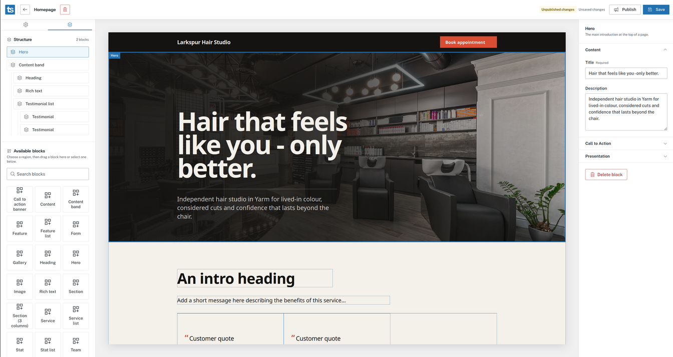 Tees page editor showing the block structure panel, live preview and block settings side by side