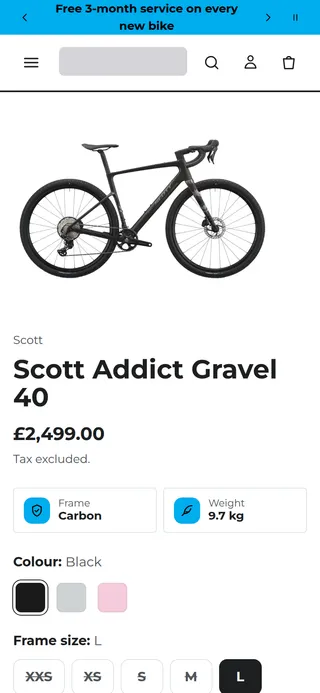 The same gravel bike product page on a phone, with specs, colour swatches and frame size options