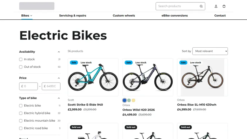 Electric bikes collection page with availability, price and bike type filters beside a grid of products