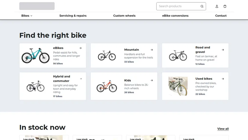 Homepage section with cards for eBikes, mountain, road and gravel, hybrid, kids and used bikes, each with a bike count