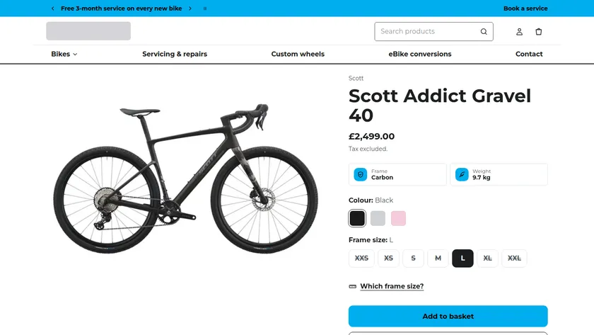 Desktop product page for a gravel bike with frame and weight specs, colour swatches, frame sizes and an add to basket button