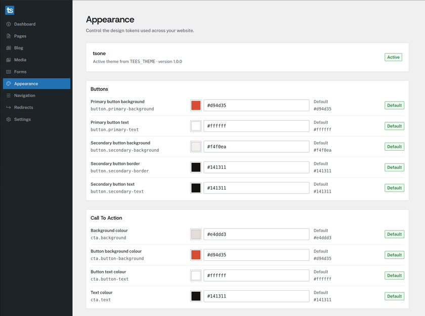 Tees Appearance screen showing theme token colour controls for buttons