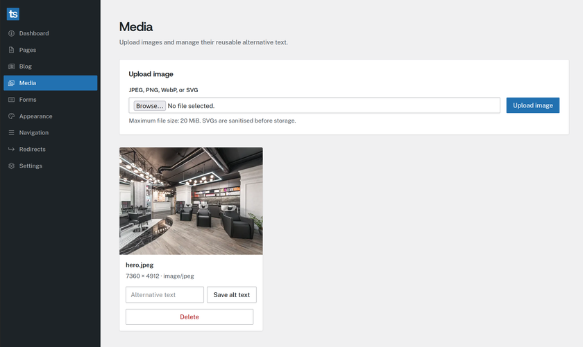 Tees Media screen showing an uploaded image with its dimensions, file type and alt text field